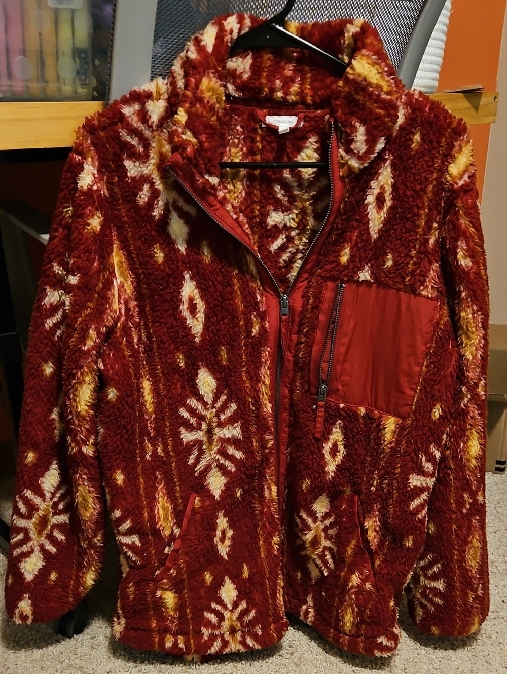 Maurices Red Patterned Teddy Jacket with Cream & Gold Accents